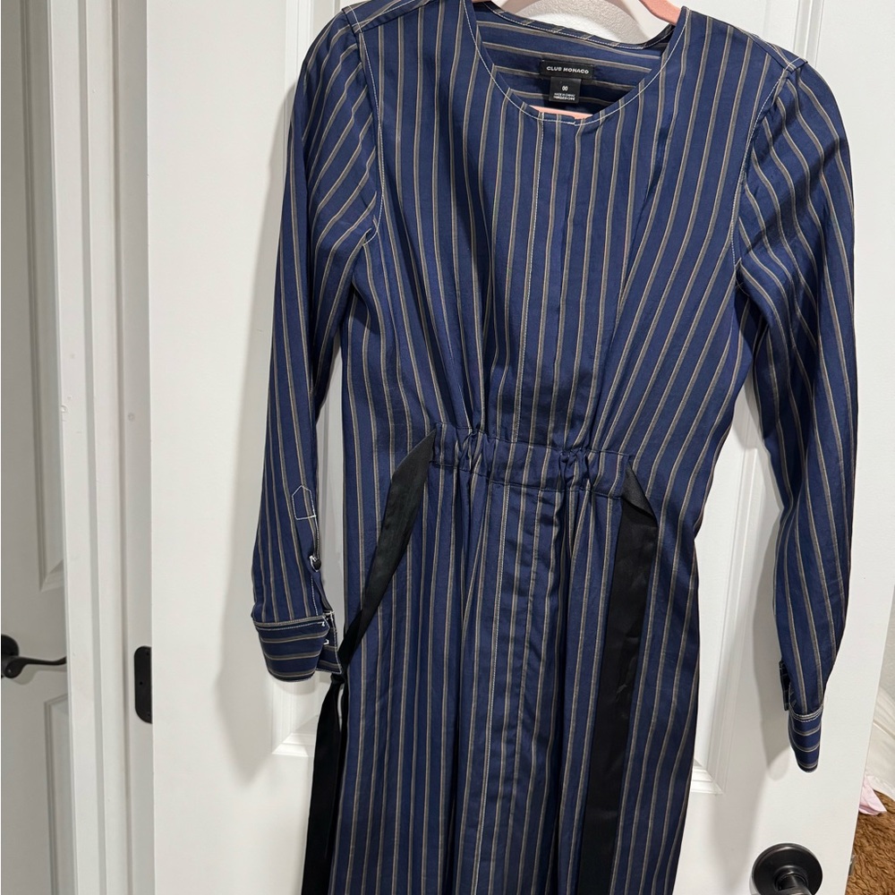 Club Monaco Blue and Black Striped Long Sleeve Dress
